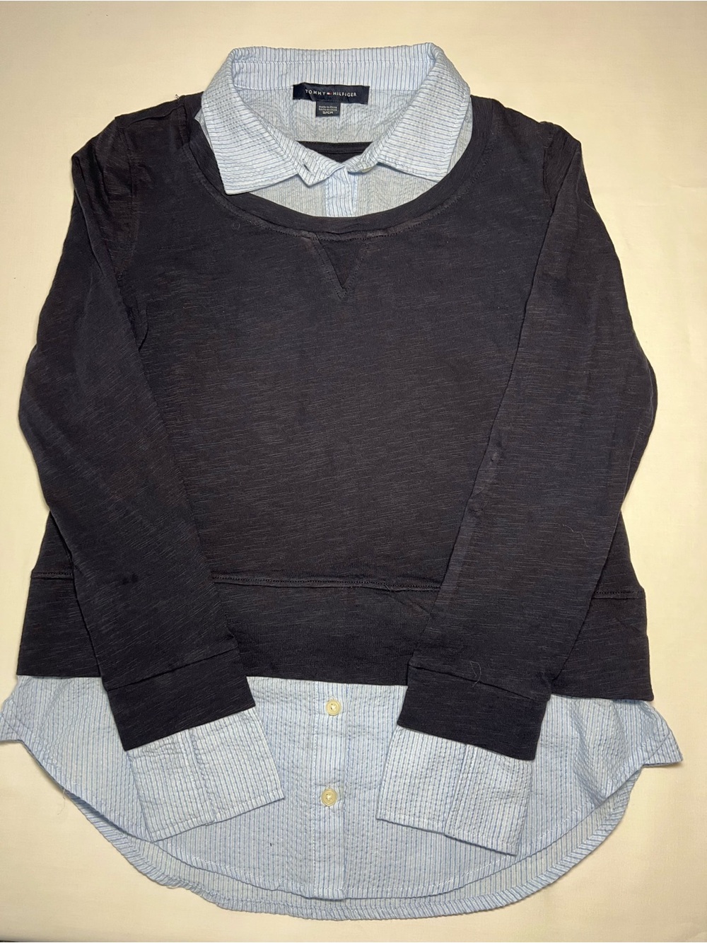 Tommy Hilfiger Layered Look Navy Sweatshirt with Blue Shirt Detail